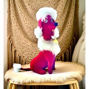 Vintage Red Velvet Poodle Figurine With White Faux Fur Accents